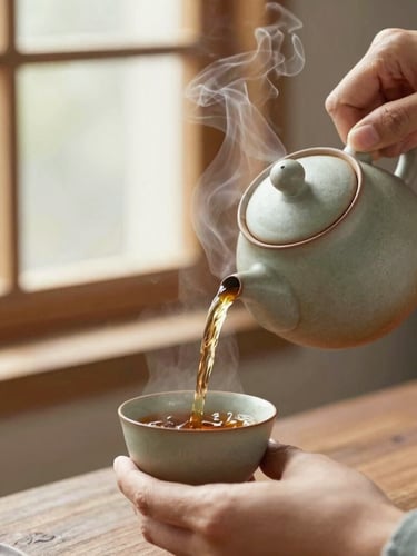Close-up detail of hands pouring steaming amber tea from a rustic ceramic teapot into a matching cup, warm afternoon window light, earthy terracotta tones, shallow depth of field, 35mm