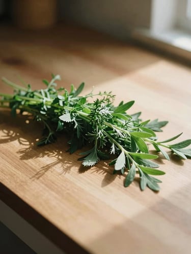 Warm wooden table with fresh green herbs being sorted, soft afternoon light coming through a window casting long shadows, organic textures, sage green tones, 35mm photography