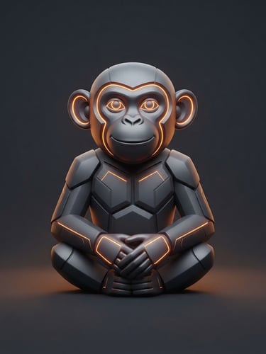 Minimalist 3D vector illustration of a sophisticated monkey mascot with subtle orange glowing neon accents, set against a deep charcoal background, clean lines, premium tech aesthetic