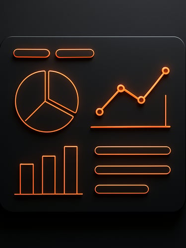 Sleek dark tech mockup showing clean campaign metrics and analytics on a charcoal screen, glowing orange UI elements, moody studio lighting