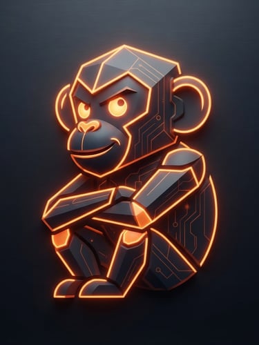 Sleek dark charcoal background, minimalist 3D vector illustration of an abstract monkey mascot with subtle orange neon glows, premium tech aesthetic, clean lines
