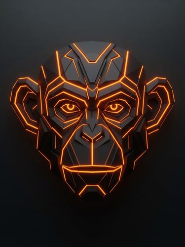 Sleek dark vector render of an abstract geometric monkey mask silhouette, glowing orange neon accent lines, minimal studio lighting