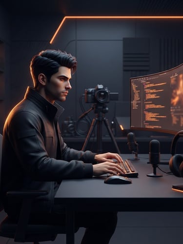 Moody high-end lifestyle portrait of a digital creator in a dark creative studio, warm orange rim lighting highlighting their profile, minimal aesthetic, sleek dark charcoal background, professional camera gear softly blurred