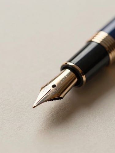 Macro close-up editorial photography of a high-quality fountain pen resting on textured heavy paper, warm natural side-lighting, elegant and professional atmosphere, shallow depth of field, 35mm