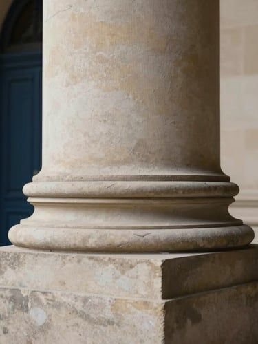 Sober editorial photography, soft natural side-lighting, macro detail of a classic stone column in a heritage building, warm muted tones, deep navy and champagne accents, shallow depth of field, 35mm