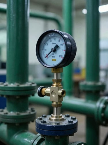Close-up of an ultrasonic flowmeter attached to a pipe in a mechanical plant, displaying readings, cool natural facility lighting, 35mm lens