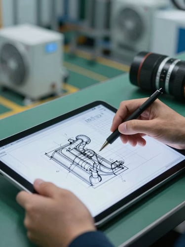 An engineer's hands working on a detailed CAD drawing of an HVAC system on a tablet, with a blueprint grid overlay, cool facility lighting, 35mm lens