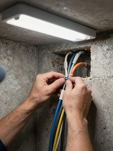 Close-up overhead shot of a technician's hands routing and securing structured cabling through a wall conduit inside a concrete residential wall cavity, overhead fluorescent work light casting sharp shadows, coiled cable ends and cable ties visible in precise arrangement, no faces shown