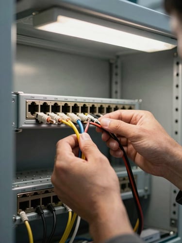 Close-up framing of a technician's hands connecting a PoE CCTV camera cable to a rack-mounted network switch inside a steel enclosure, copper conductor ends clearly visible, cable labels running neatly along a DIN rail, overhead fluorescent workshop light illuminating the connection point. No faces. Technical, documentary.