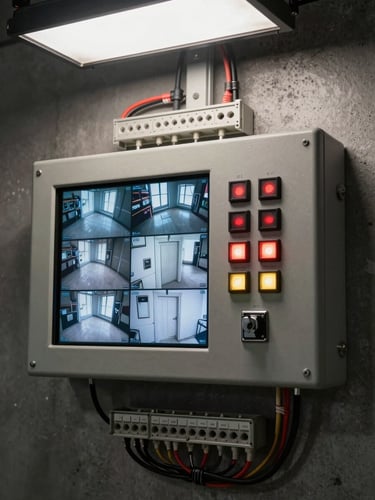 Close-up overhead shot of a wall-mounted control panel showing CCTV feed thumbnails alongside lighting zone controls and door lock status indicators, panel wiring neatly bundled with cable ties, studio light from above revealing connector labels and terminal block details, concrete wall surface visible at panel edges