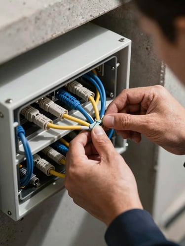 Close-up overhead shot of a technician's hands routing and securing structured cabling inside a wall-mount enclosure, cable ties aligned with precision, industrial overhead lighting casting sharp shadows on the panel surface, concrete wall visible in background