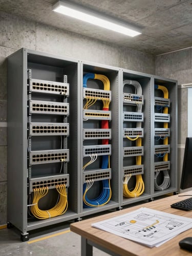 Environmental shot inside a completed smart home installation — a wide concrete-walled utility room showing a full rack of network switches, patch panels, and labeled cable bundles organized with cable ties, overhead fluorescent lighting, a printed system schematic document visible on the workbench in the foreground right