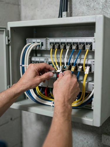 Close overhead view of a technician's hands routing structured cables into a wall-mounted control panel inside a concrete-walled room, overhead industrial lighting casting sharp shadows across cable management clips and labeled conduit runs, shallow depth of field on the connection points