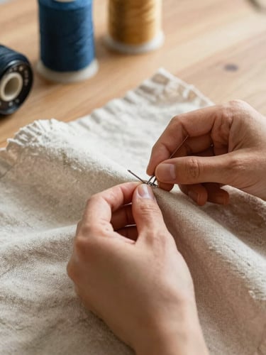 Close-up of hands carefully stitching heavy linen fabric on a clean wooden table, warm natural morning light, sharp focus on the needlework