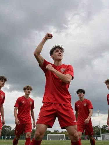 Low-angle dynamic shot of young football players in red jerseys celebrating a goal under dramatic overcast skies, high contrast, natural lighting.