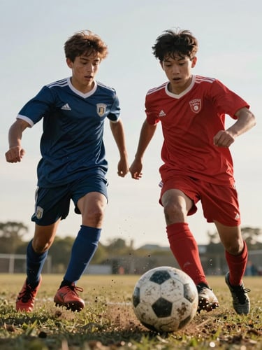 Low-angle dynamic action shot of two youth soccer players competing for the ball, mud flying from the turf, intense focus, natural dramatic light.