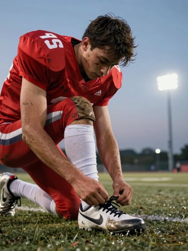Low-angle dynamic shot of a youth football player in a mud-stained red jersey tying his boots on the turf, sharp evening floodlights, high contrast.