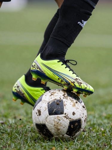 Tight close-up of dynamic football boots kicking a muddy ball on wet green turf, sharp focus, natural outdoor light