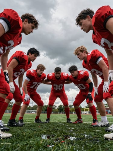 Low-angle dynamic shot of a youth football team huddle on wet green turf, players in red jerseys with arms around each other under a dramatic overcast sky, intense focused expressions, natural high-contrast outdoor light