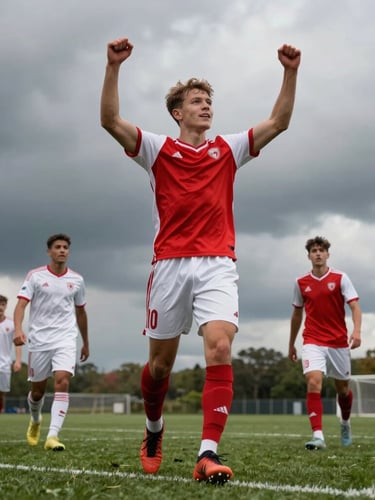 Low-angle dynamic shot of young football players in red and white jerseys celebrating a goal on a green grass pitch under dramatic overcast skies, high contrast, natural outdoor light.