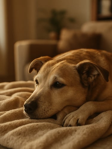 A quiet moment of rehabilitation, a rescued dog resting on a soft blanket in a sunlit foster home living room, warm editorial style, 35mm.