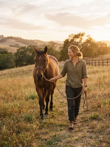 A volunteer gently leading a rescued horse through a golden-hour pasture in Northern California, warm editorial photography, 35mm.