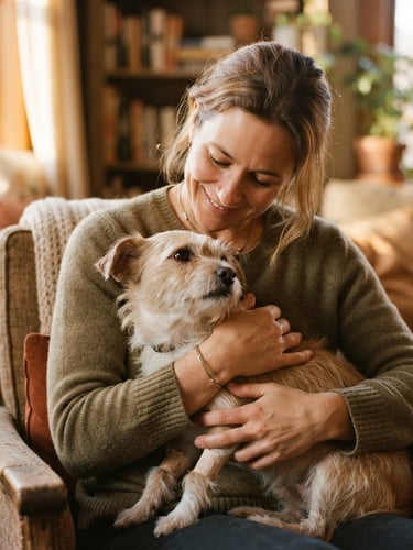 Intimate close-up of a volunteer gently holding a recovering rescue dog in a warm, sunlit living room, shallow depth of field, 35mm