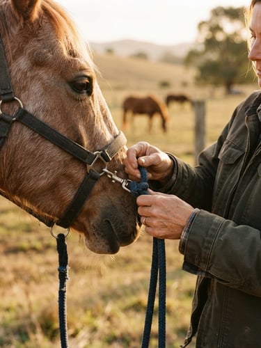 A close-up of a volunteer's hands gently securing a lead rope on a rescued horse in a golden-hour pasture, warm editorial photography, earthy desaturated tones, 35mm.