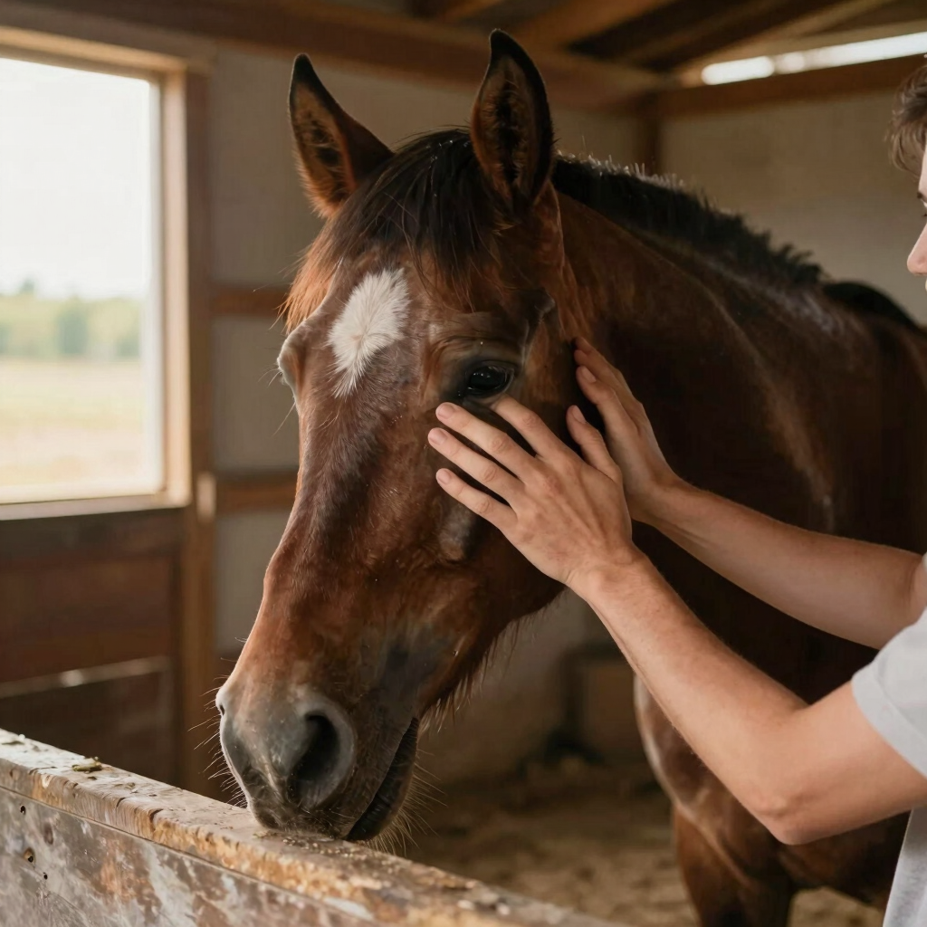 Intimate close-up of hands gently comforting a recovering horse in a wooden barn, soft natural light filtering through a side window
