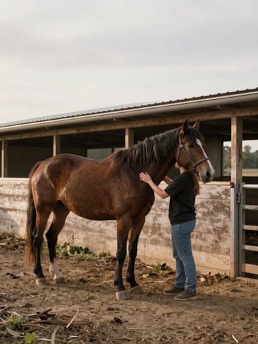 A quiet moment of rehabilitation in a foster barn, a volunteer leading a horse under soft overcast daylight, earthy desaturated tones