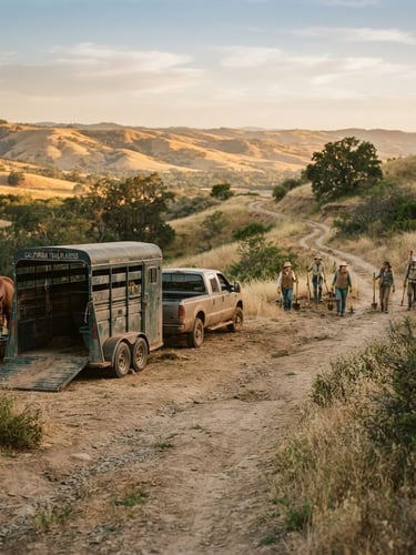 Wide environmental shot of Northern California foothills at golden hour, a horse trailer parked on a dusty trail with volunteers in the background
