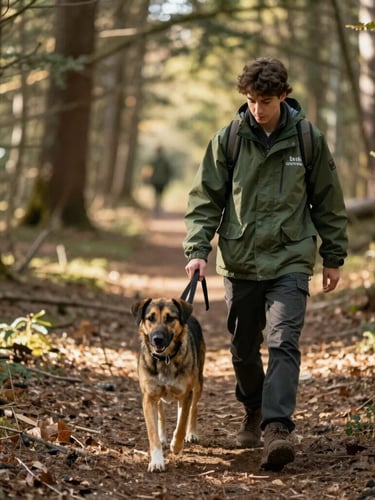 A volunteer in a forest-green jacket leading a rescued dog through a sunlit woodland path, warm editorial photography, shallow depth of field, 35mm.
