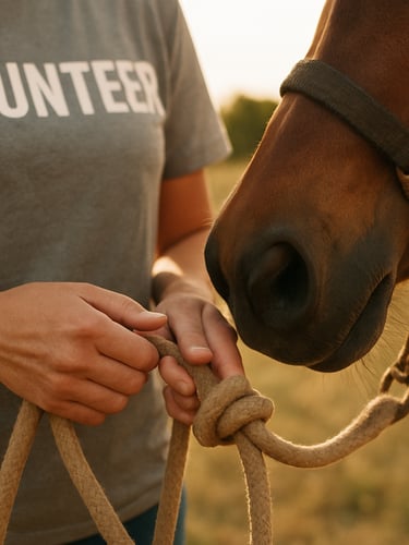 Close-up of a volunteer's hands gently securing a horse's lead rope in a sunlit pasture, warm golden light, shallow depth of field, 35mm