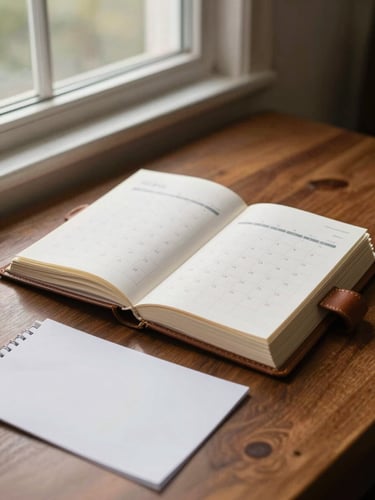 Close environmental view of a leather-bound desk calendar open on a polished mahogany surface, a single folded note beside it, soft north-facing daylight from a tall window falling across the pages, no hands in frame, quiet and still