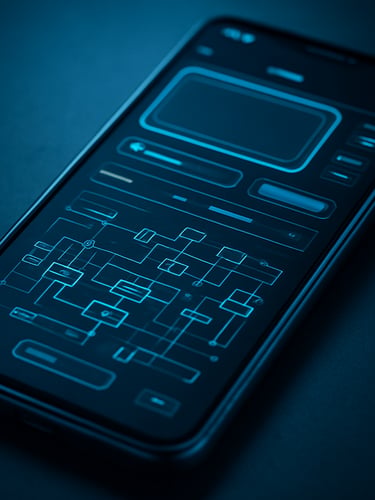 Macro close-up of a sleek Android device mockup displaying high-fidelity UI elements and complex system architecture diagrams, glowing neon cyan and frosty blue ambient studio lighting, sharp technical contrast, 35mm.