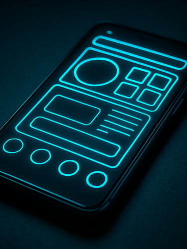 Angled perspective shot of a sleek Android device displaying a complex, glowing neon cyan user interface, moody ambient low-key studio lighting with frosty blue accents, 35mm