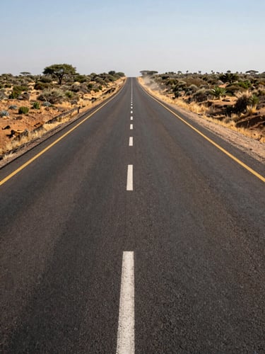 Wide panoramic view of a newly completed tarmac highway cutting through Kenyan savannah scrubland, road markings sharp, horizon stretching far right under strong midday sun, dust visible at the road shoulder, no people