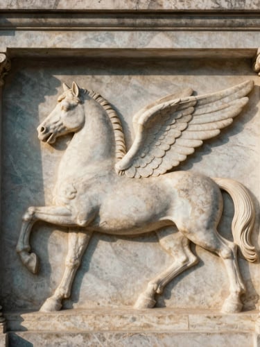 Extreme close-up of a classical stone relief depicting a winged horse, soft morning shadows, warm alabaster stone texture, shallow depth of field