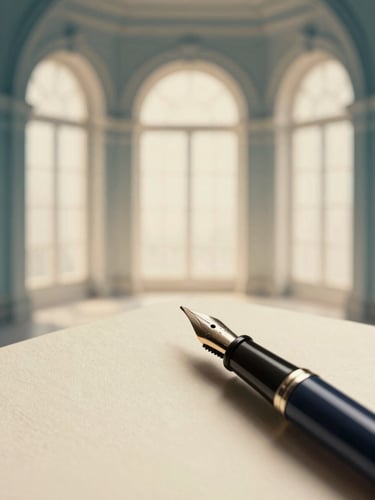 Close-up of a fountain pen nib resting on heavy cream paper, soft shadows of classical architectural arches, warm indirect window light.