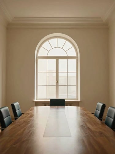 Wide environmental shot of a high-end diplomatic boardroom, minimalist cream walls, large arched window with soft warm light, extreme negative space.