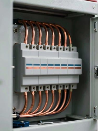 Macro shot of industrial electrical panel wiring, copper busbars, technical precision lighting, sharp focus, architectural framing, 35mm