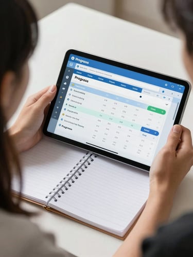 Over-the-shoulder view of a student analyzing a progress dashboard on a tablet next to a physical notebook under bright daylight.