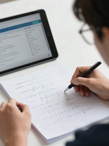 Over-the-shoulder view of a student analyzing a printed mathematical formula sheet next to a tablet displaying performance metrics under crisp daylight.