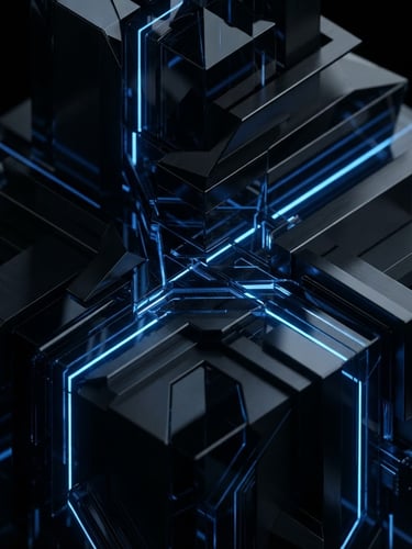 Isometric 3D render of a dark glass monolithic structure reflecting sharp electric blue light, ultra-crisp macro depth of field, black background.