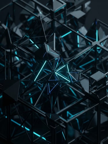 Abstract 3D geometric structure, dark glass textures reflecting neon cyan light, macro shot with sharp depth of field, isometric perspective