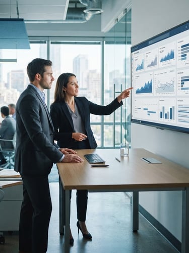 A bright, modern law office interior with two attorneys looking at a digital dashboard on a large screen, cool blue and slate gray tones, sharp focus, 35mm