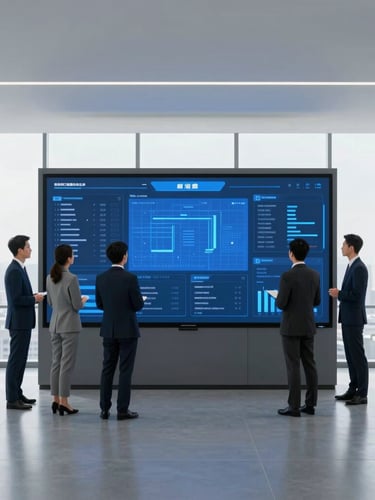 Modern bright law office interior with large windows, attorneys collaborating over digital dashboards on a large screen, cool blue and slate gray tones, sharp focus, 35mm