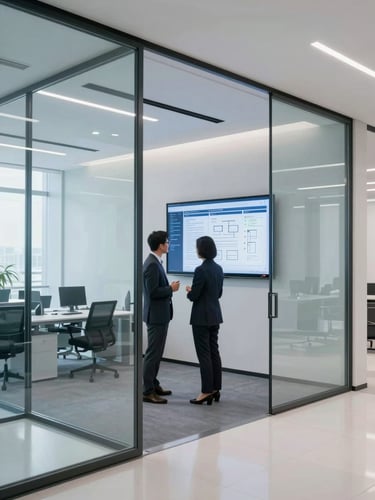 Bright modern law office interior, clean glass walls, an operations dashboard visible on a wall-mounted monitor, two professionals discussing workflow diagrams, cool blue tones, 35mm
