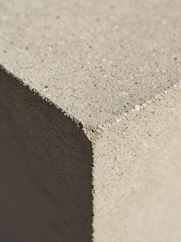 Close-up macro of polished concrete aggregate surface under north-facing daylight, champagne and graphite mineral particles visible in sharp relief, smooth edge profile cutting diagonally across the frame, warm earthy tones with subtle texture depth