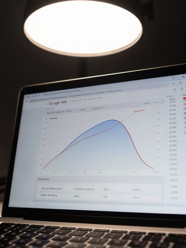 Close-up overhead of a laptop screen displaying a Google Ads campaign performance dashboard—ROAS curves and conversion columns visible, cool overhead studio light, keyboard edge visible at bottom frame, no people